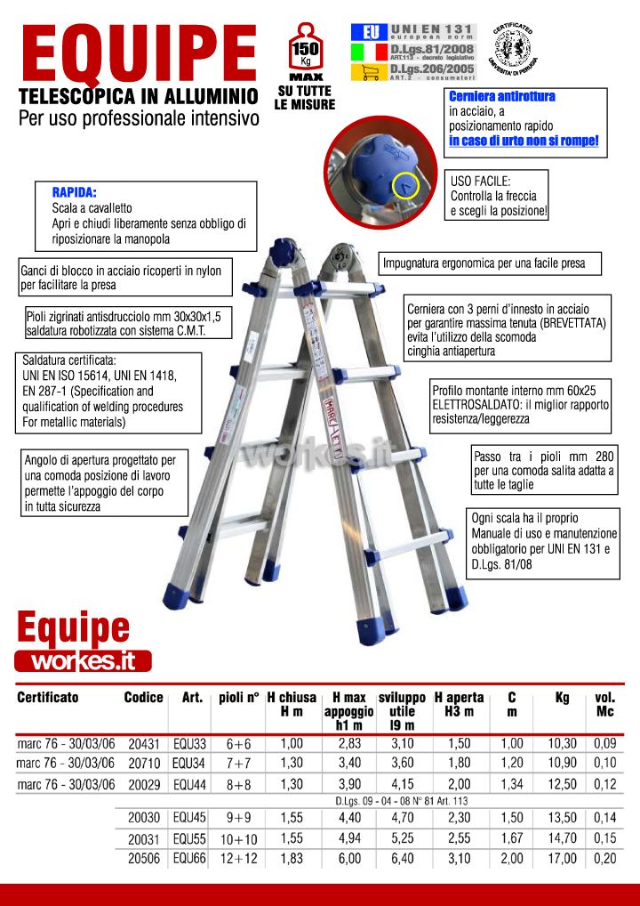 Scala telescopica in alluminio 12+12 pioli altezza 5,95 m Marchetti Equipe