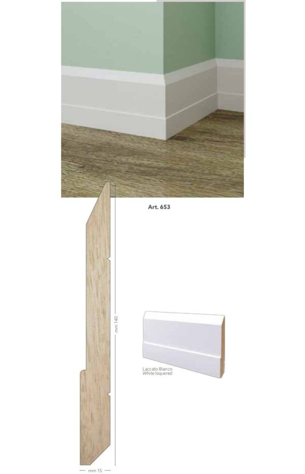 Battiscopa in legno ayous laccato bianco 140 x 15 mm lunghezza 2 metri Toscan Stucchi Art.653