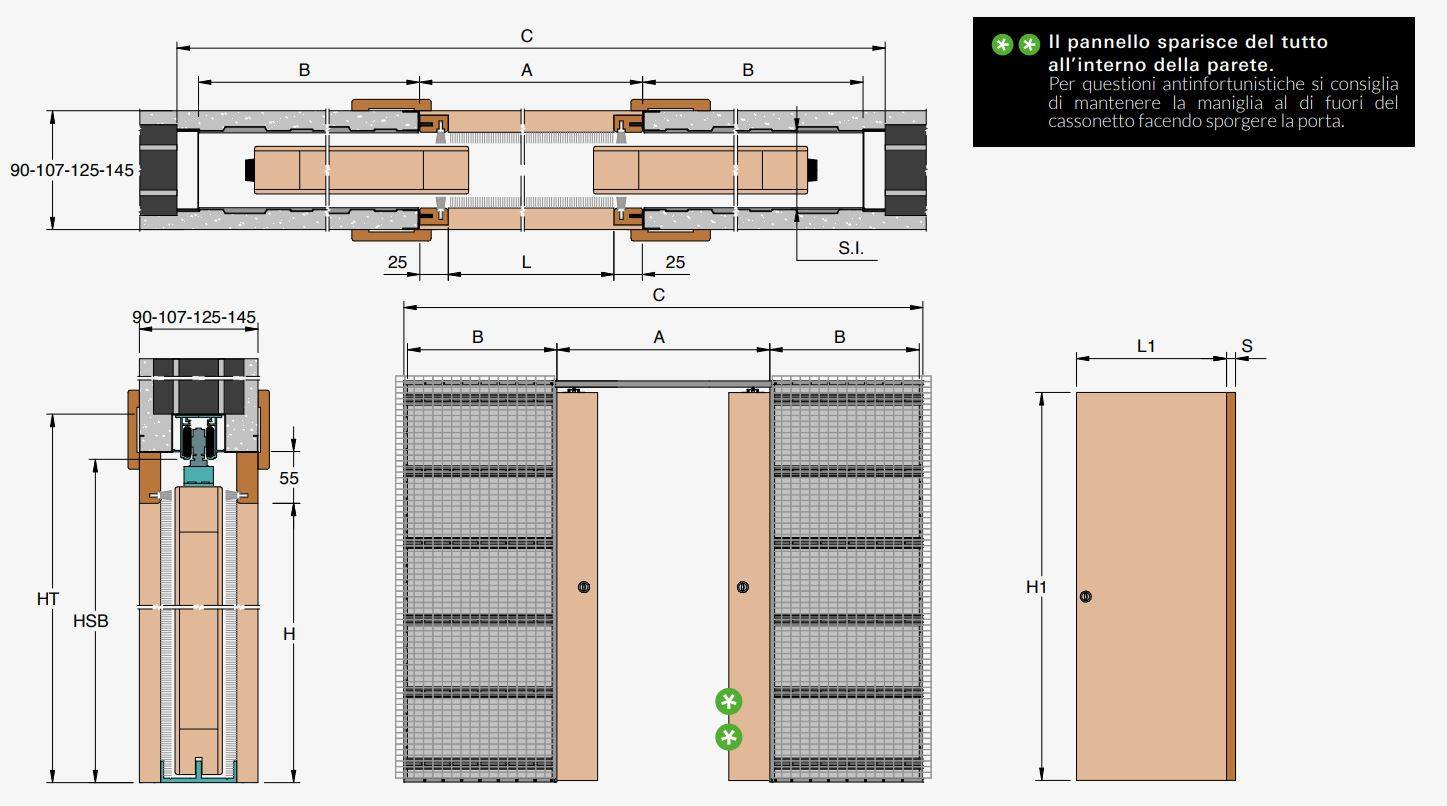 Controtelaio porta scorrevole doppia anta per intonaco luce passaggio 120x210 cm parete 90 mm ermetika evolution