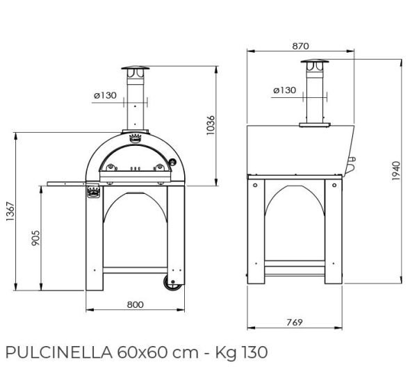 Forno a legna da esterno per pizza in acciaio inox con ruote clementi pulcinella