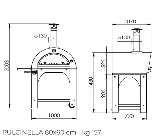 Forno a legna da esterno per pizza in acciaio inox con ruote clementi pulcinella