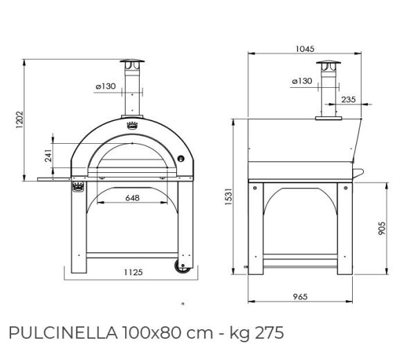 Forno a legna da esterno per pizza in acciaio con ruote clementi pulcinella