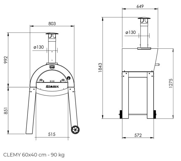 Forno a legna da esterno per pizza refrattario con ruote e gambe smontabili Clementi Clemy
